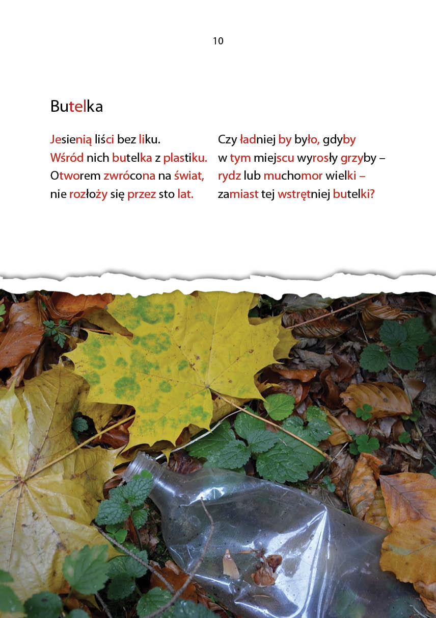 Zdjęcie plastikowej butelki wśród liści i wierszyk do czytania sylbowego