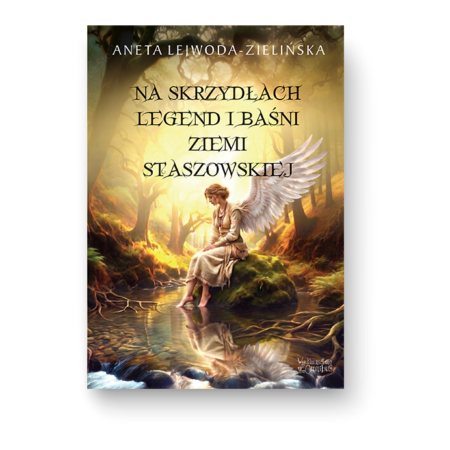 Okładka książki Na skrzydłach legend i baśni ziemi staszowskiej – anioł siedzący na kamieniu nad źródłem, w tle las
